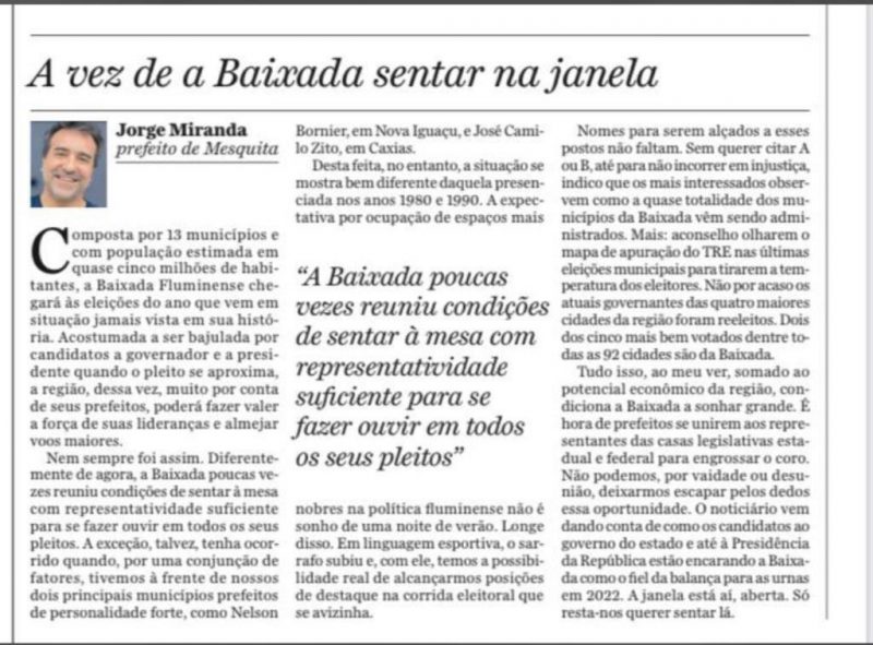 O artigo de Jorge Miranda foi publicado nos veículos online e impresso e trazia referências sobre a política da Baixada Fluminense.